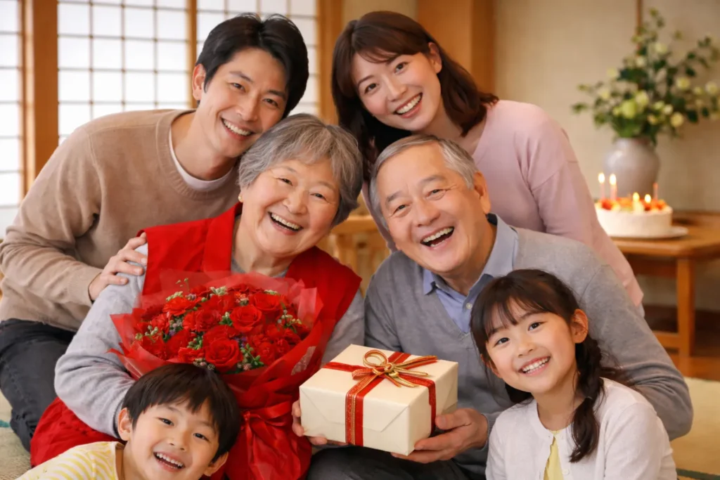 長寿祝い 三世代家族写真 和室で祝う祖父母と家族の記念写真