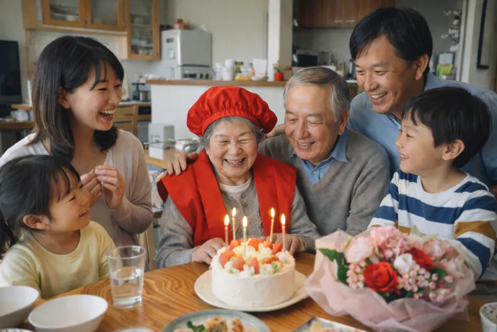 家族で長寿祝いをしている三世代の記念シーン