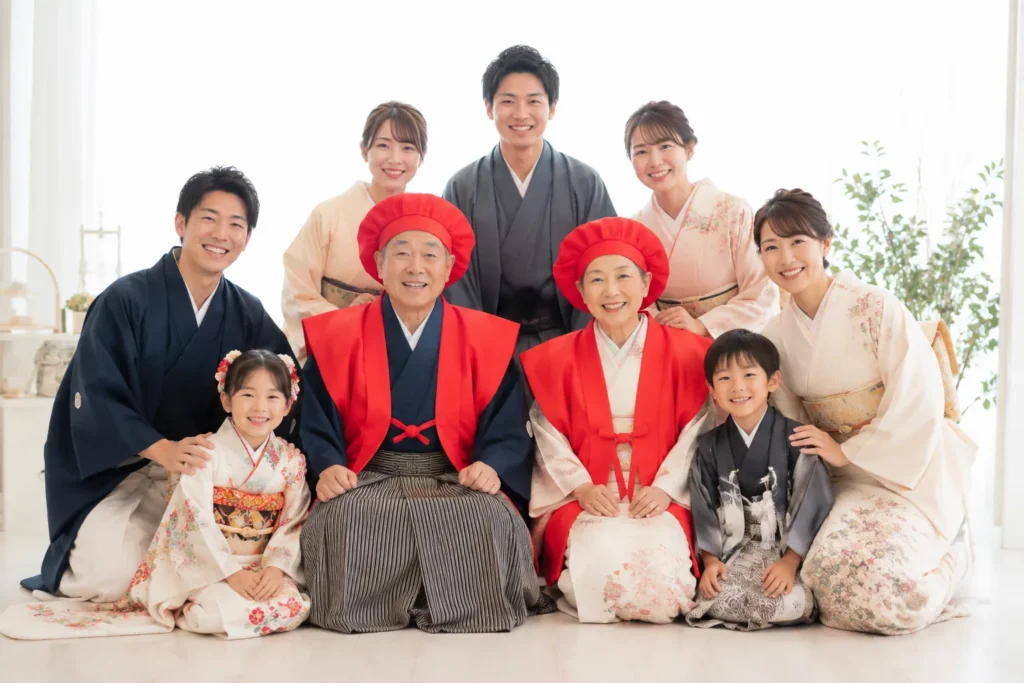 還暦祝いで赤い小物を取り入れて撮影した三世代家族写真