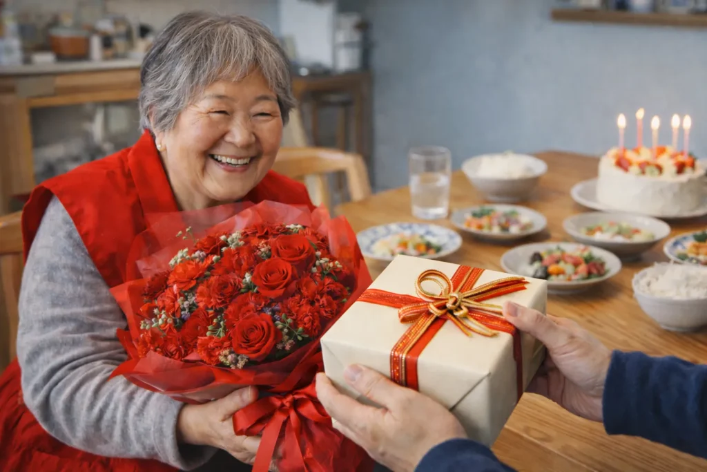 長寿祝い 花束とプレゼントでお祝いする様子