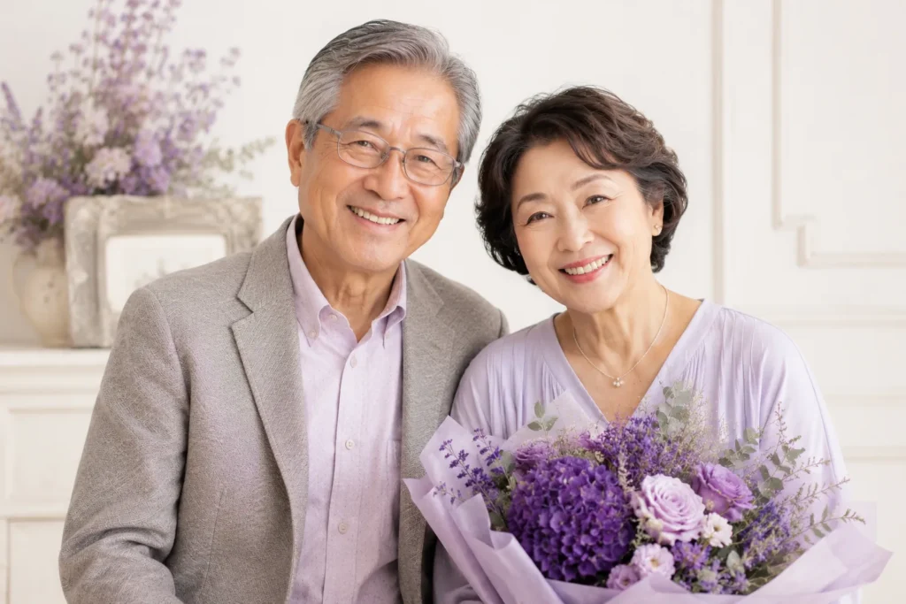 喜寿祝いで紫色を取り入れた上品な記念写真