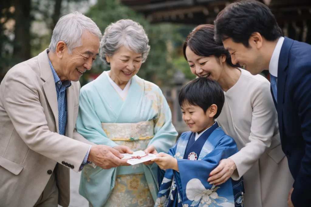 おじいちゃんおばあちゃんがお祝い金を孫に渡す写真
