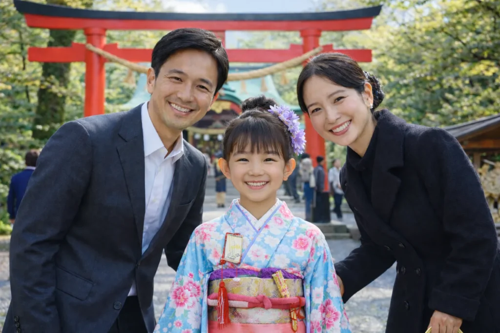 七五三で神社に参拝する家族
