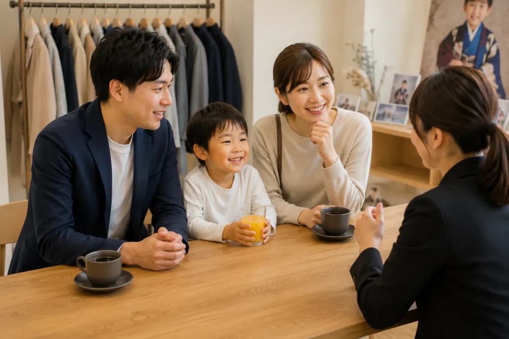 七五三の父親の服装や家族写真のバランスを相談する家族