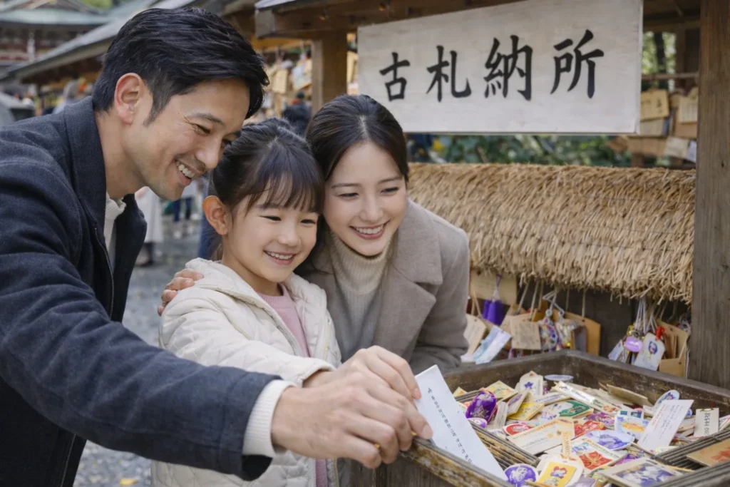 神社の古札納所に御札やお守りを納める様子