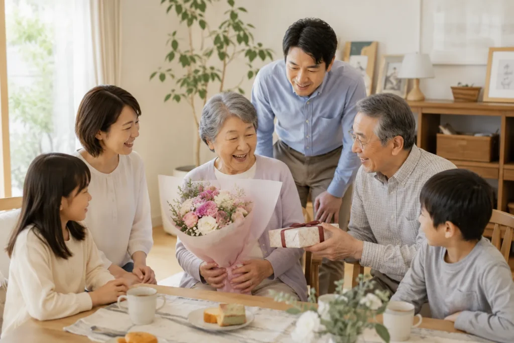 長寿祝い 花束とプレゼントでお祝いする様子