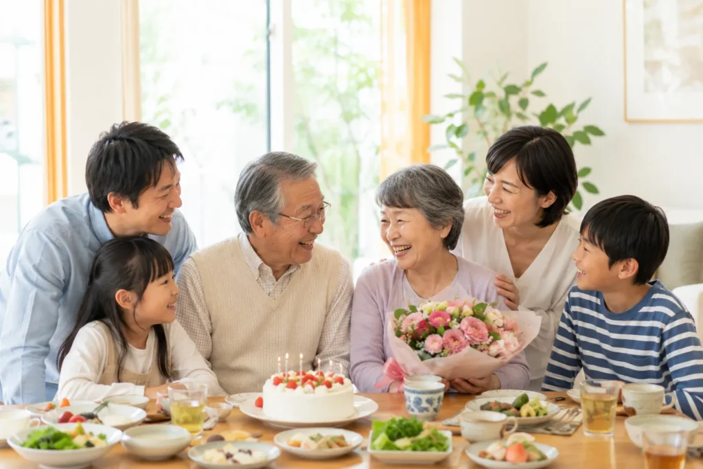 家族で長寿祝いをしている三世代の記念シーン