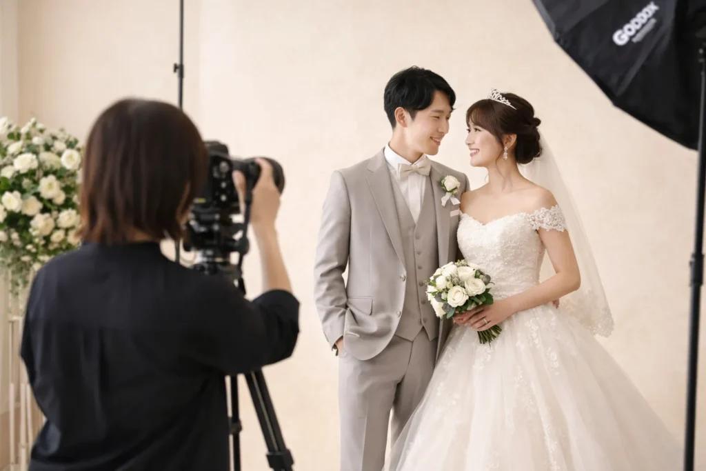 洋装フォトウエディングでドレス撮影を行う新郎新婦の写真