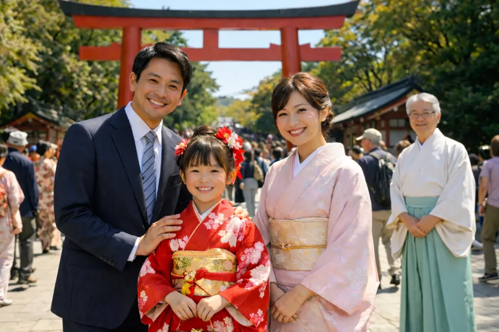 七五三 神社参拝 家族写真