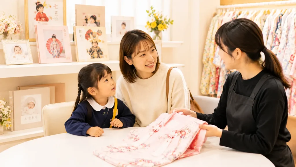 幼稚園帰りに七五三の着物を見学する4歳の女の子と母