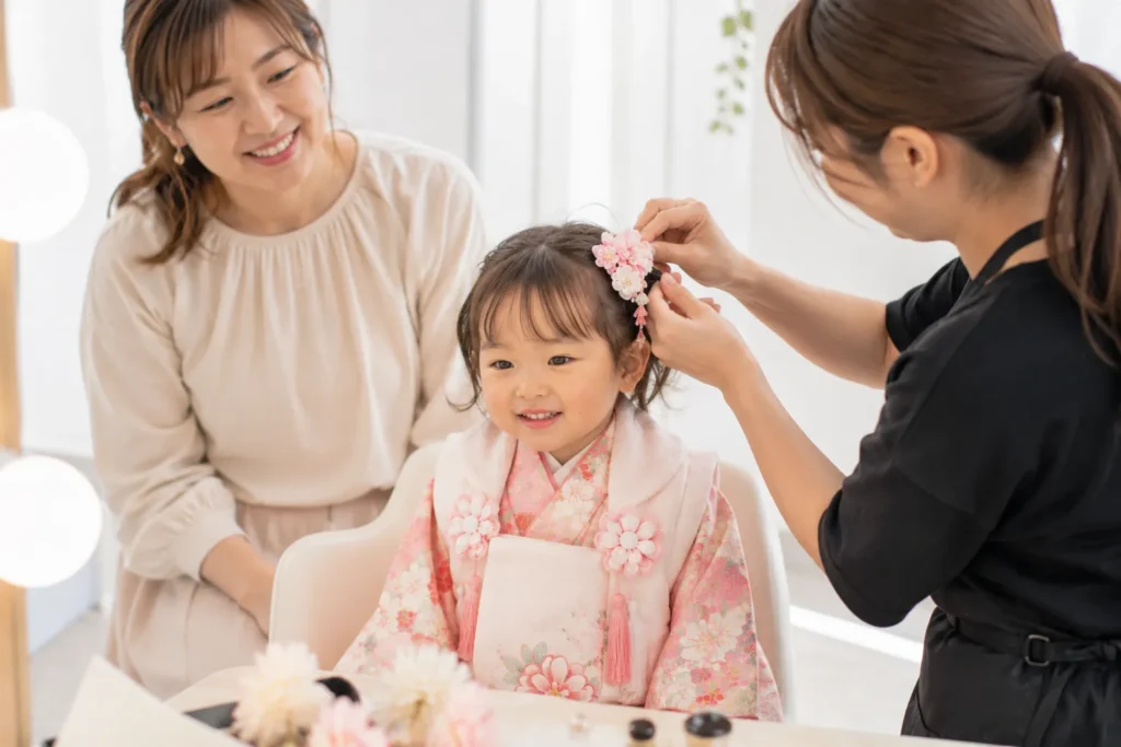髪が少ない3歳女の子の七五三ヘアセット風景