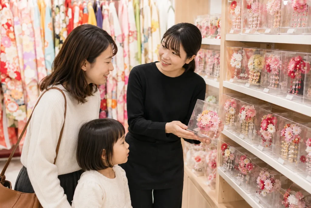 七五三のヘアスタイルや髪飾りについて相談する家族