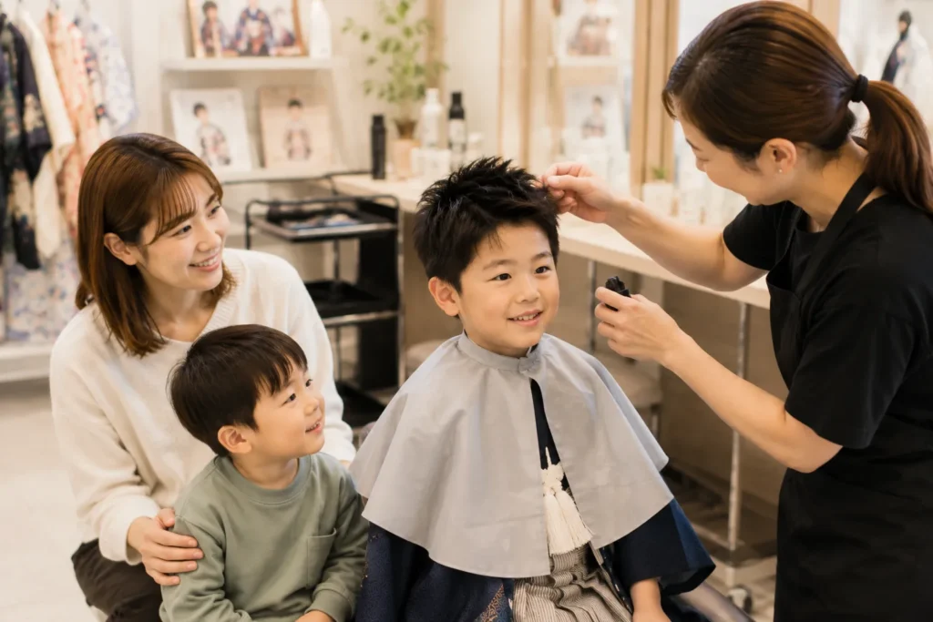 七五三の男の子がヘアセットをしている様子