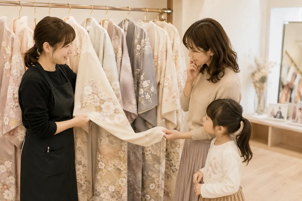 七五三の母親の服装について相談する家族