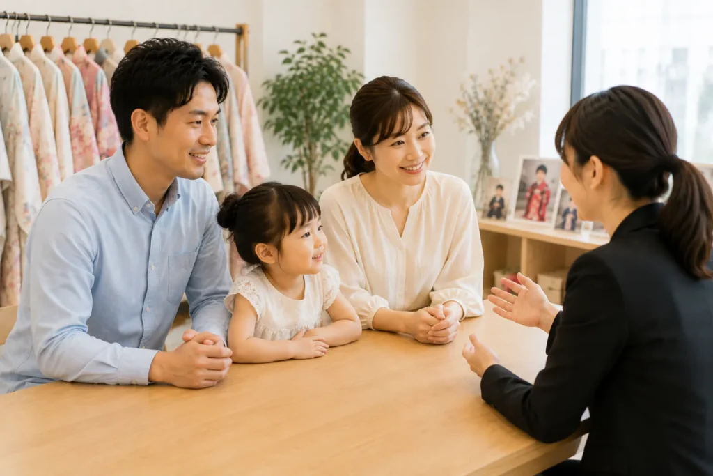夏の七五三前撮りや家族写真の服装について相談する家族