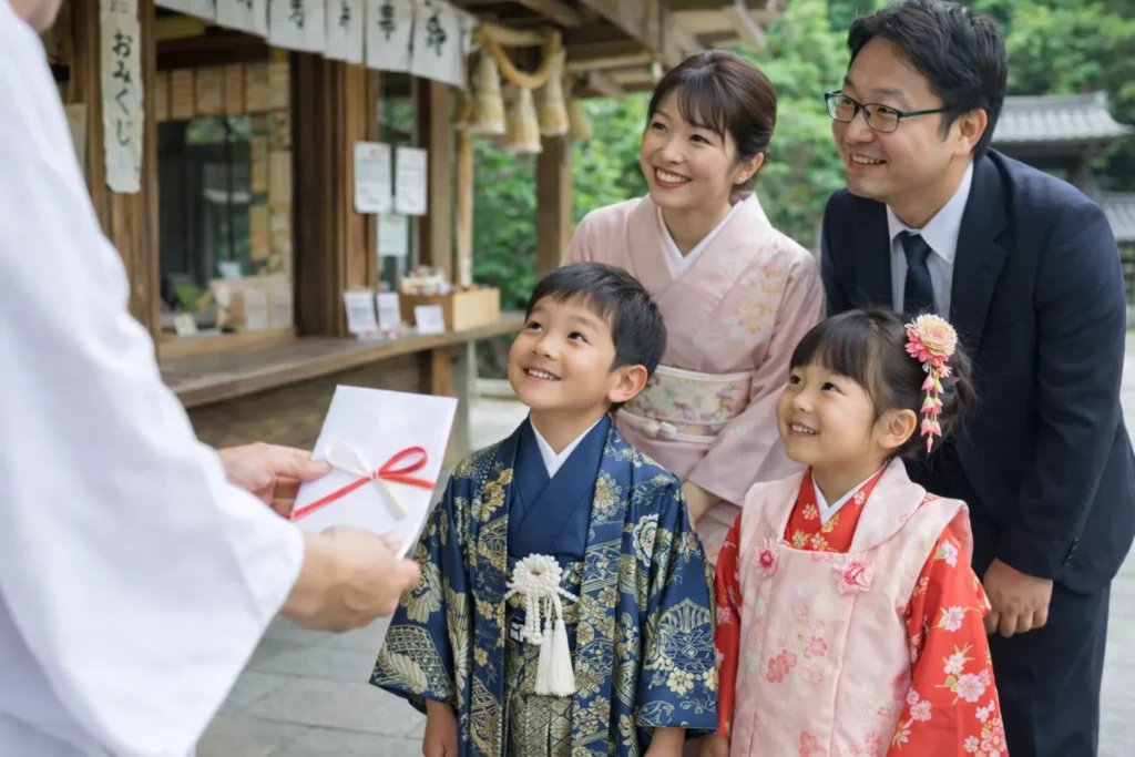 七五三詣りに来て初穂料をおさめる家族・兄妹