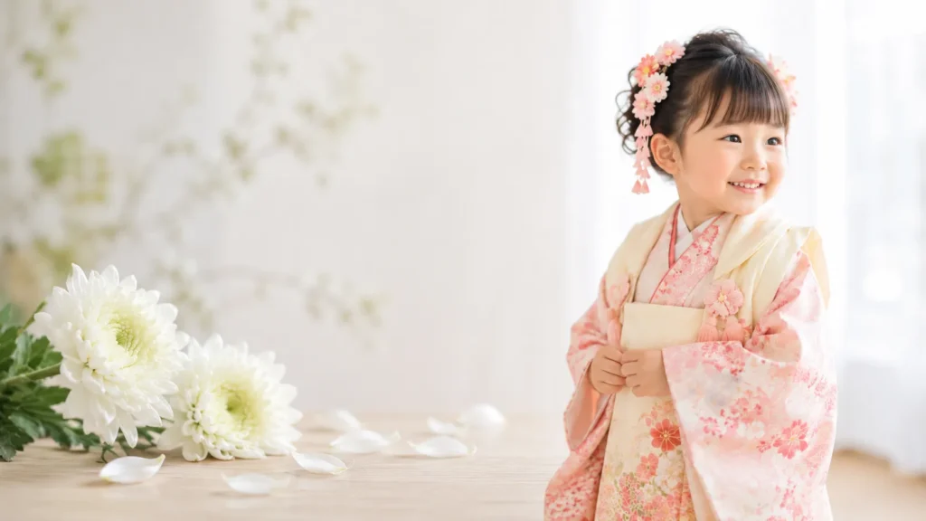 喪中と七五三をイメージした白菊と着物姿の女の子