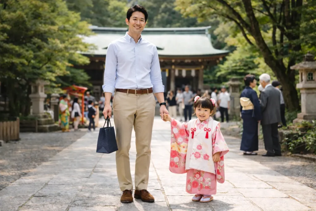 夏の涼しい服装で参拝する男性と娘