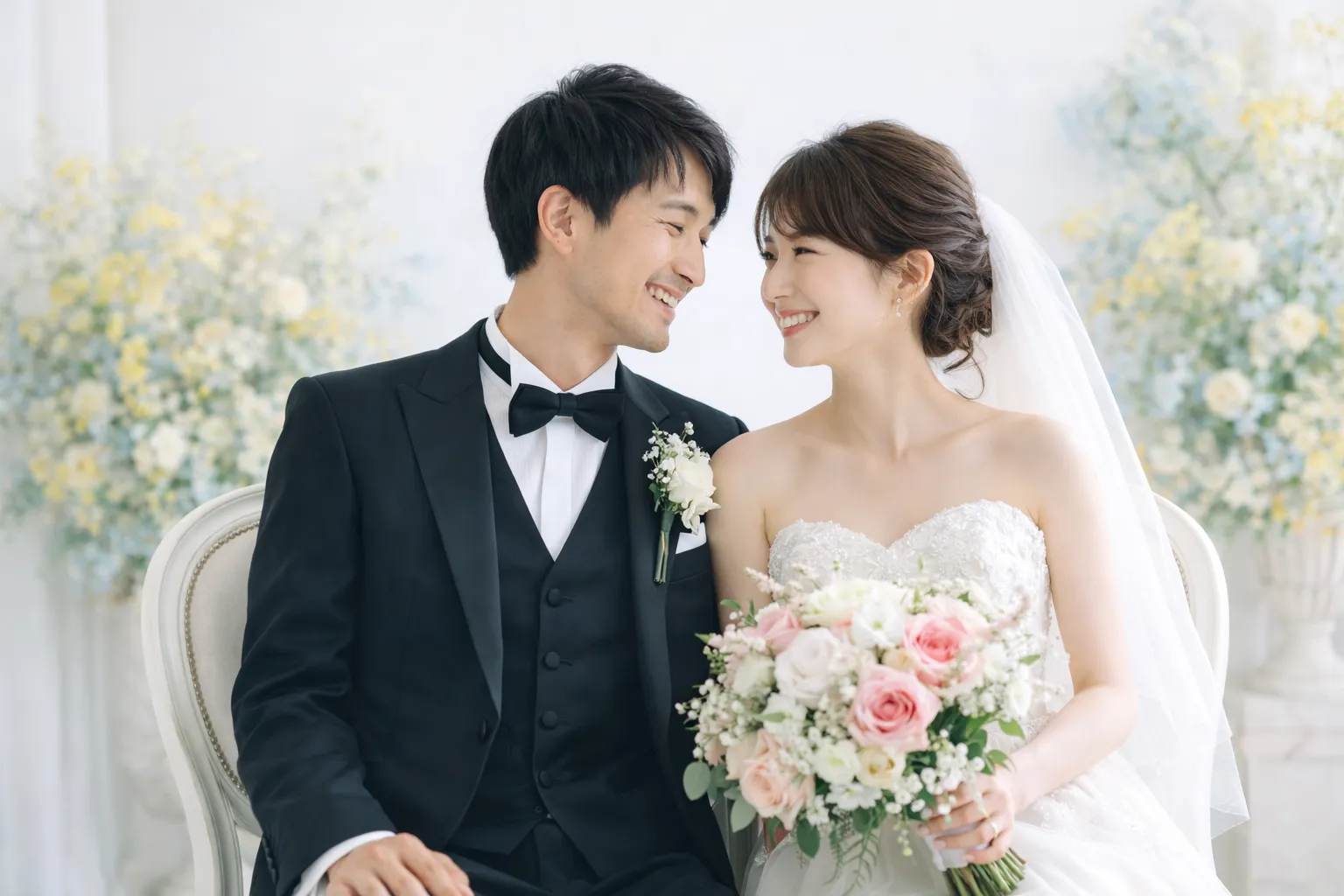 結婚式はせず写真だけ残すフォトウエディングの新郎新婦のスタジオ撮影