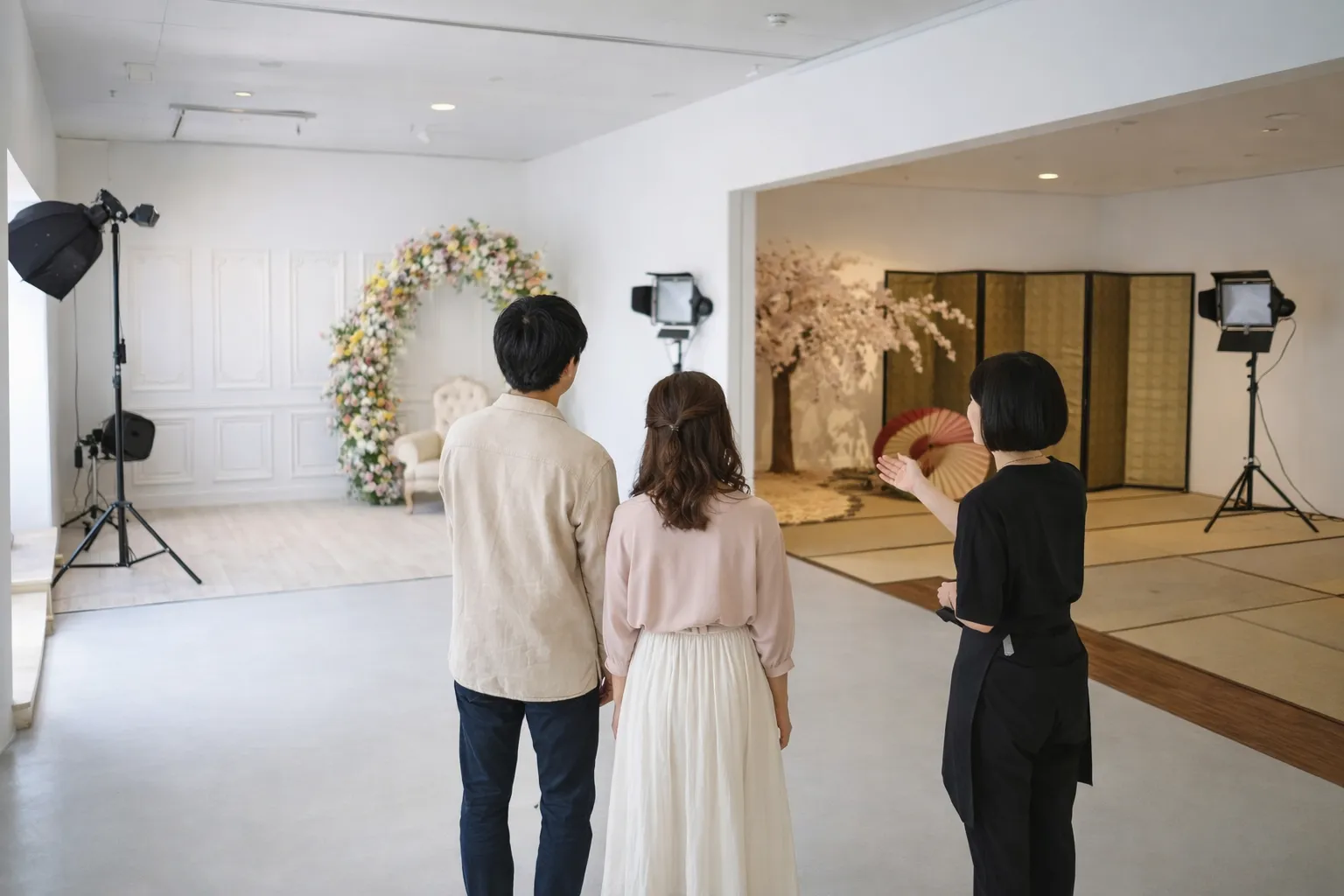 フォトウェディングのスタジオ見学で撮影セットや背景の違いを確認しているカップルのイメージ