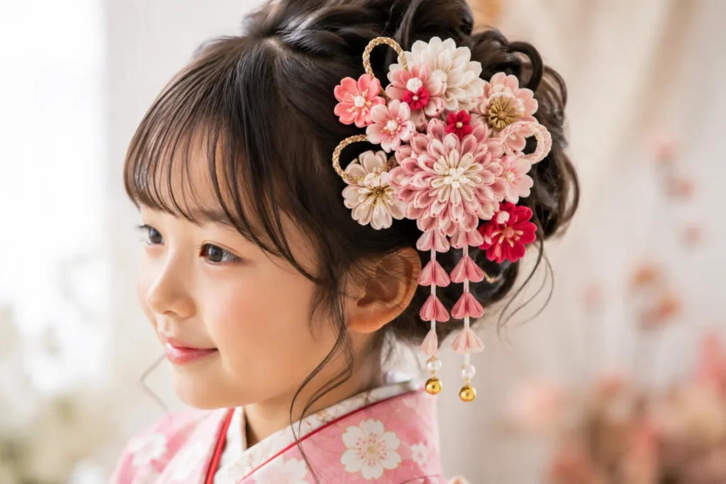 七五三7歳女の子の髪飾りとヘアセット