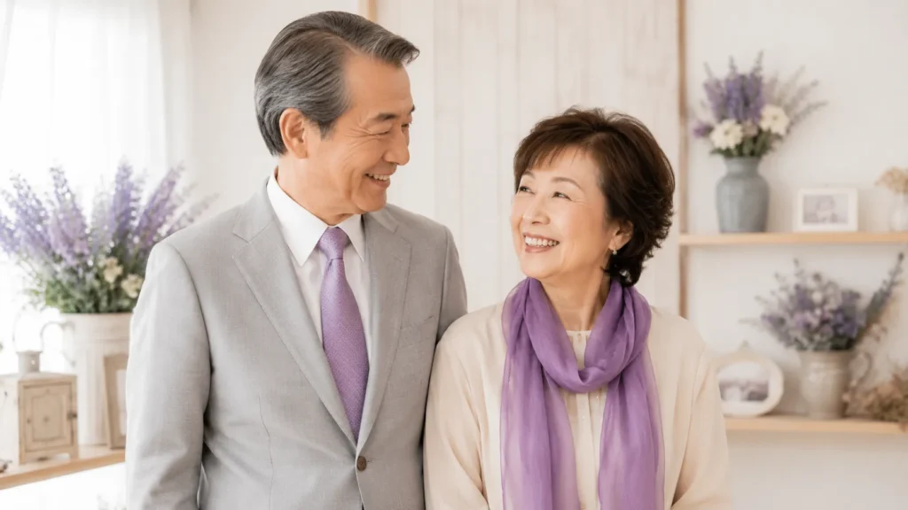 紫色のネクタイとストールを身につけて古希をお祝いする夫婦