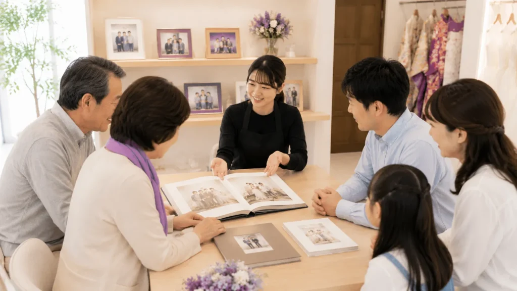 古希祝いの家族写真や撮影内容について相談している家族