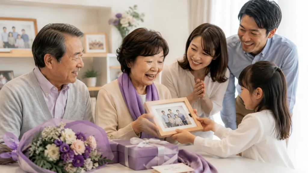 古希のプレゼントを受け取る女性と見守る家族