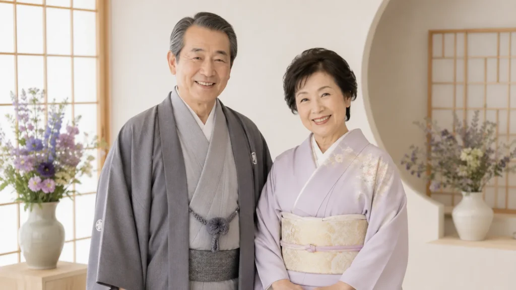 和装で古希祝いをする夫婦