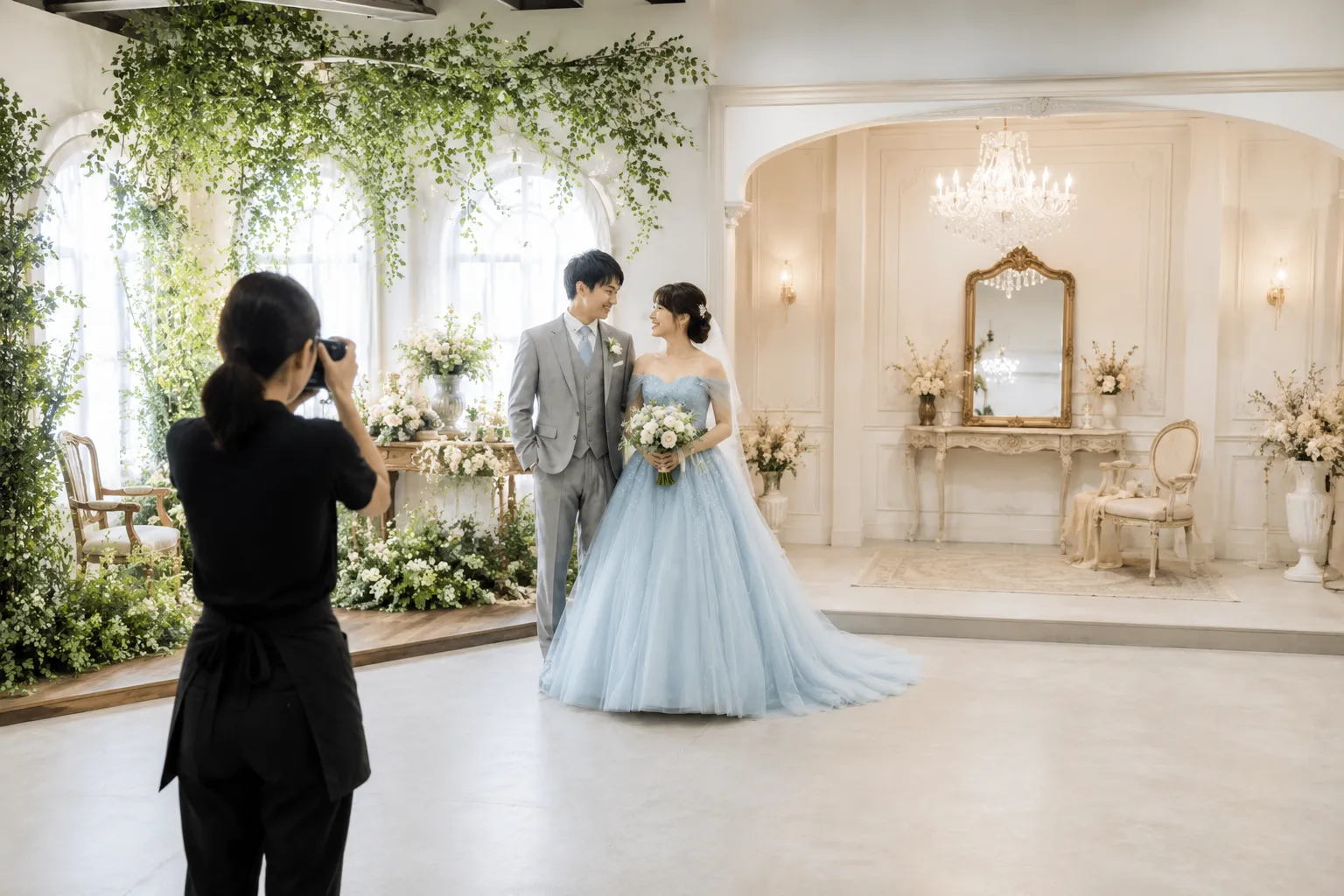 背景セットが複数あるスタジオでフォトウエディングを撮影する新郎新婦と女性カメラマン