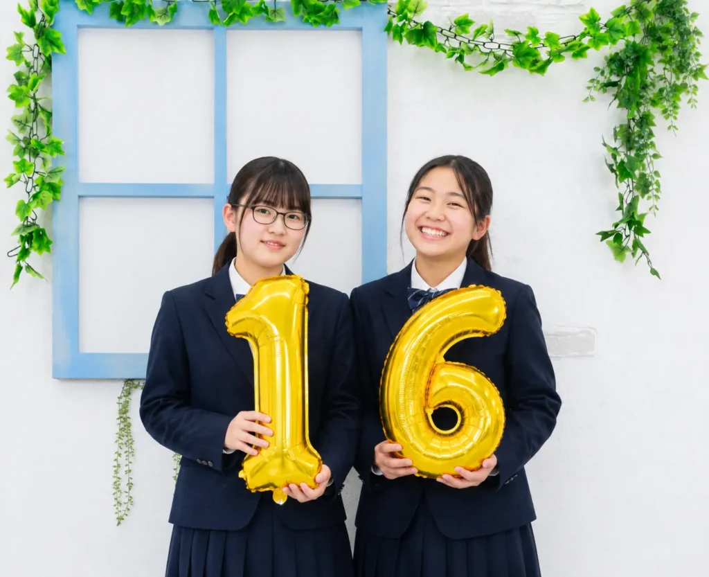16際の記念フォトを撮る二人の女の子