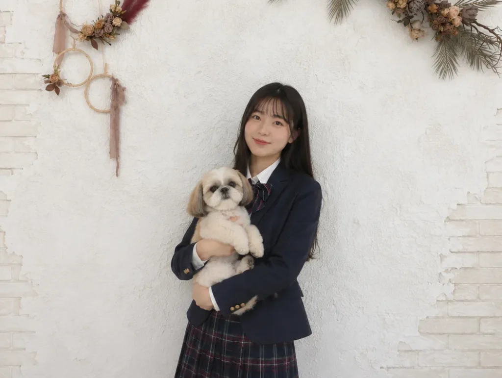 愛犬と一緒にSweet16の記念写真を撮影する高校生