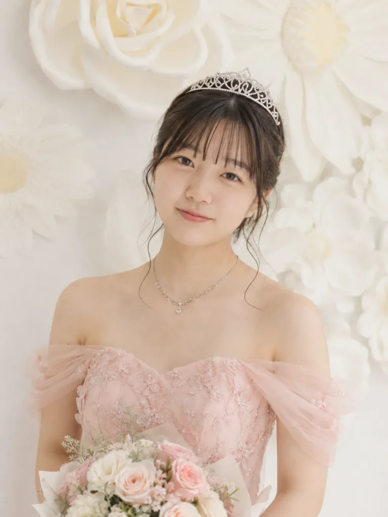 ドレス姿でSweet16の記念写真を撮影する16歳